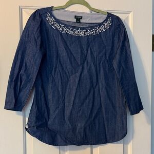 J. Crew Denim Top with Embellished Neckline